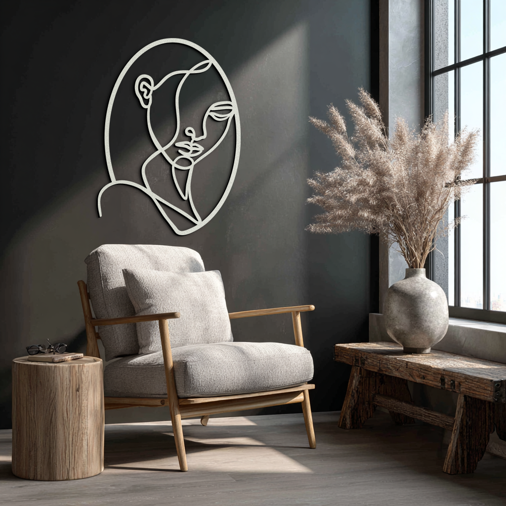 Abstract Woman Face Line Art – Minimalist Metal Wall Decor in Oval Frame- KAF635