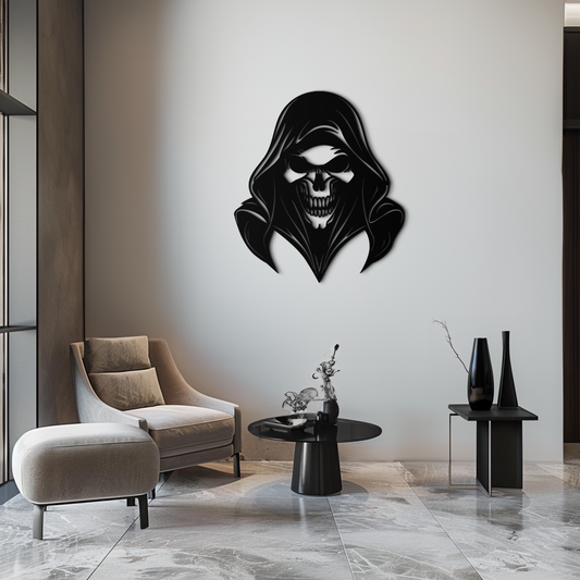 Grim Reaper Hooded Skull Metal Wall Art – Dark Gothic Horror Silhouette Design- KAF637