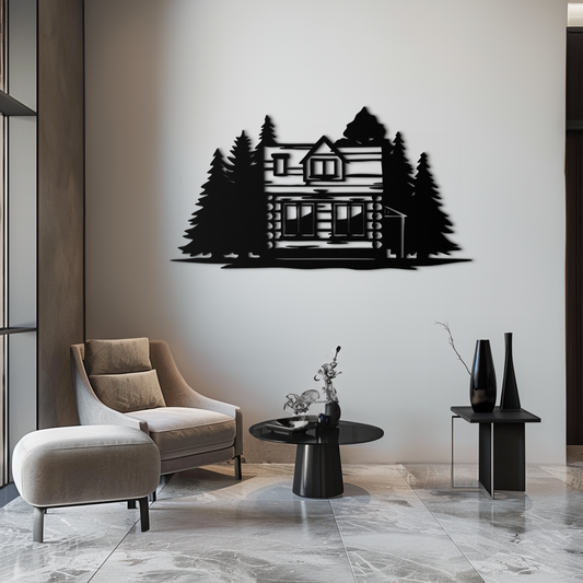 Mountain Log Cabin Metal Wall Art – Nature Inspired Outdoor Wall Decor for Home & Lodge- KAF640