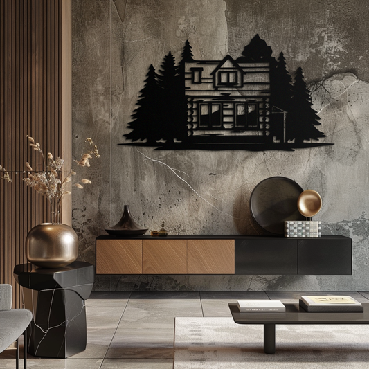 Mountain Log Cabin Metal Wall Art – Nature Inspired Outdoor Wall Decor for Home & Lodge- KAF640
