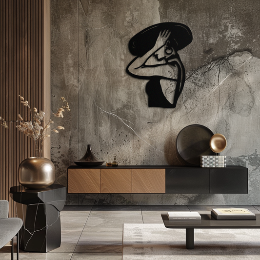 Elegant Woman with Hat Metal Wall Art – Fashion-Inspired Silhouette Décor- KAF651