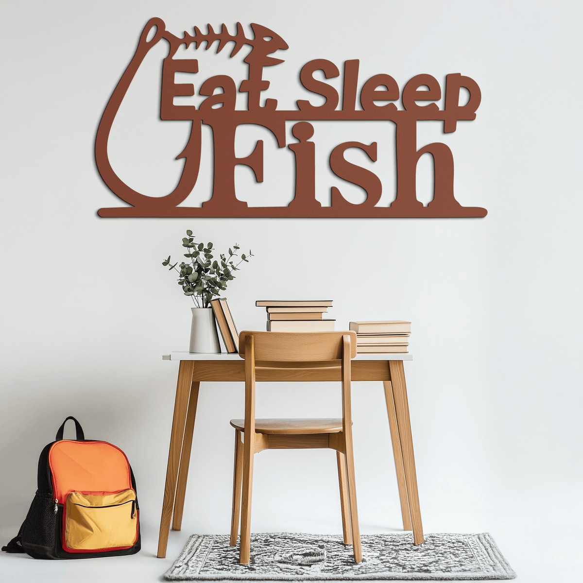 "Eat, Sleep, Fish" Metal Wall Art – Fishing Enthusiast Design with Hook and Phrase- KAF670
