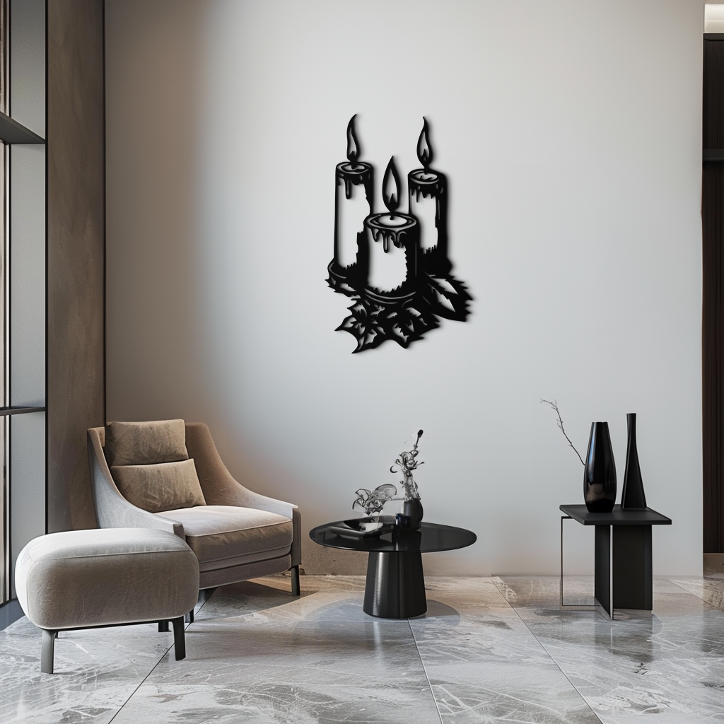 Three Candle Silhouette Metal Wall Art – Elegant Festive Decor for Cozy Interiors- KAF687