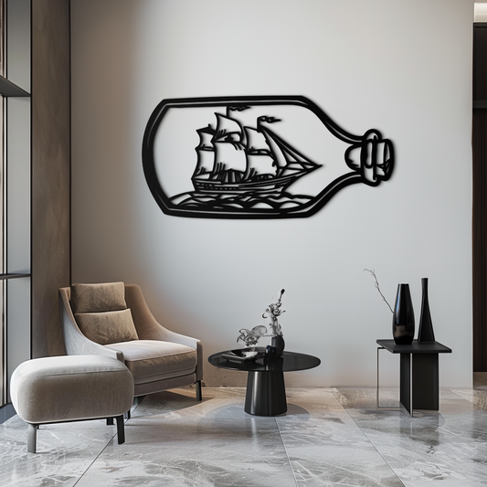 Sailboat in a Bottle Metal Wall Art – Nautical-Inspired Silhouette for Ocean Dreamers- KAF692