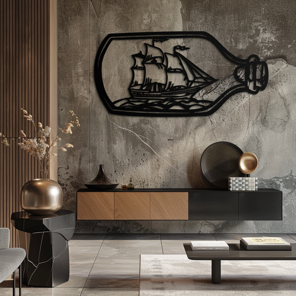 Sailboat in a Bottle Metal Wall Art – Nautical-Inspired Silhouette for Ocean Dreamers- KAF692
