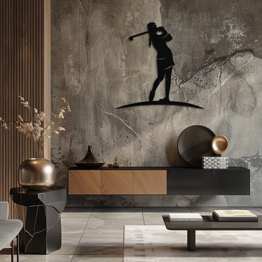 Female Golfer Metal Wall Art – Elegant Sports Silhouette for Modern Spaces- KAF698