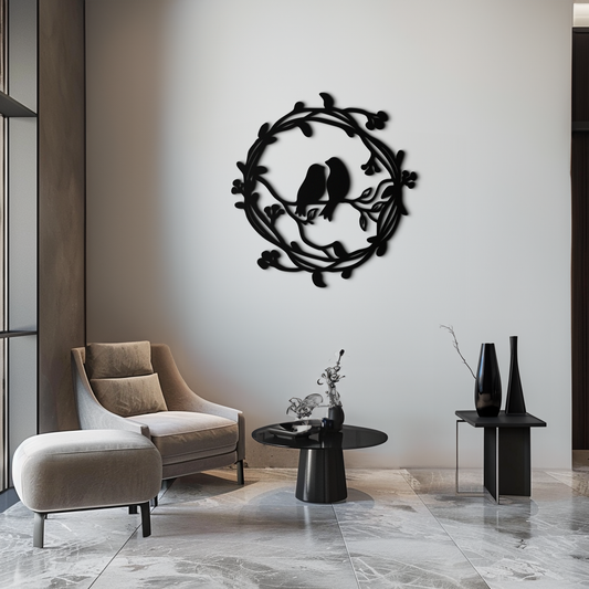 Two Birds on Wreath Branch Metal Wall Art – Romantic Nature-Inspired Round Design- KAF702