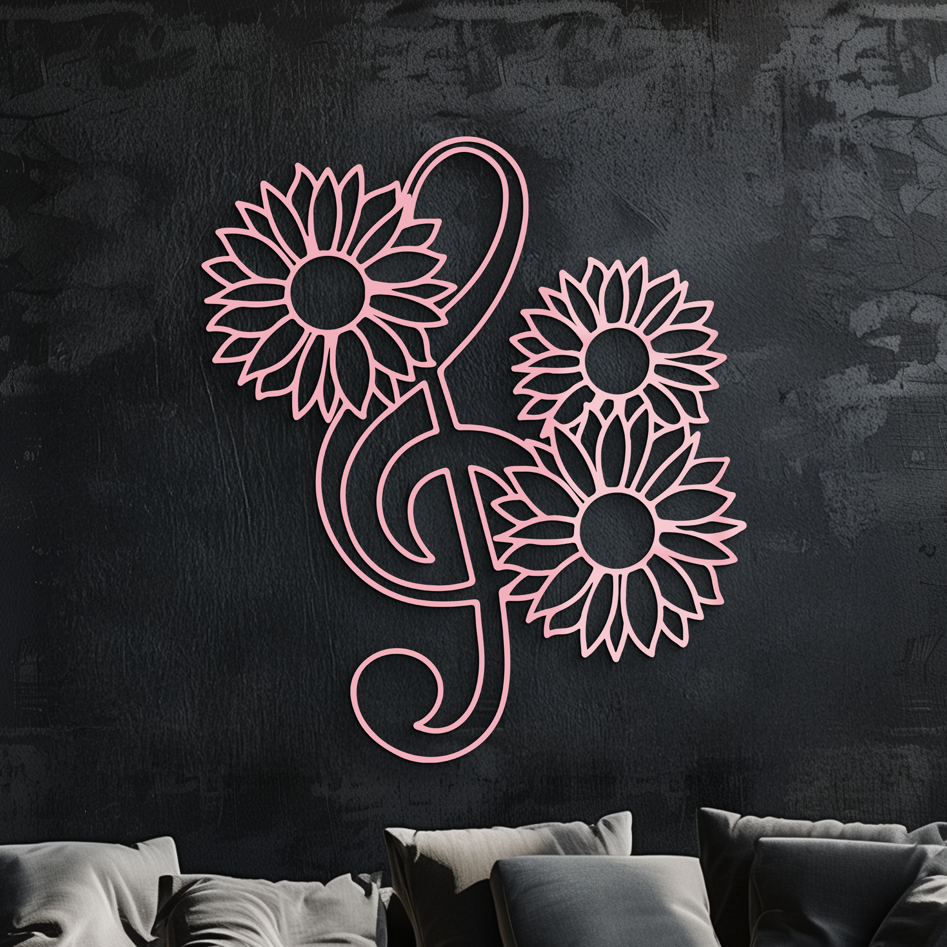 Pink Treble Clef with Sunflowers Metal Wall Art – Musical Floral Decor - KAFGP002