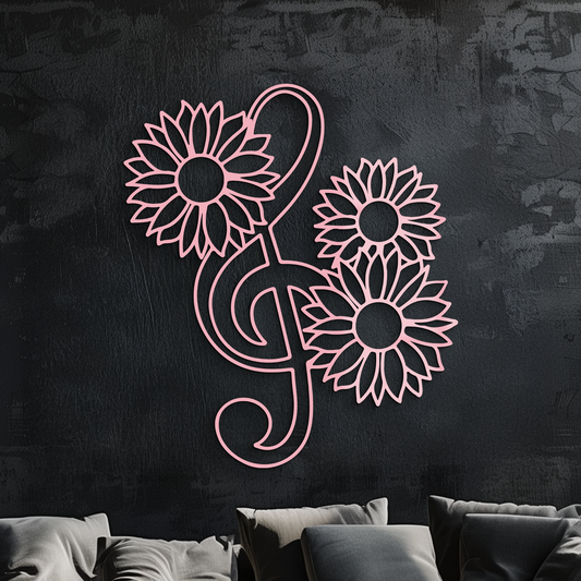 Pink Treble Clef with Sunflowers Metal Wall Art – Musical Floral Decor - KAFGP002