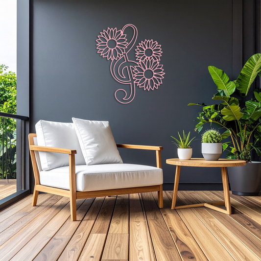Pink Treble Clef with Sunflowers Metal Wall Art – Musical Floral Decor - KAFGP002