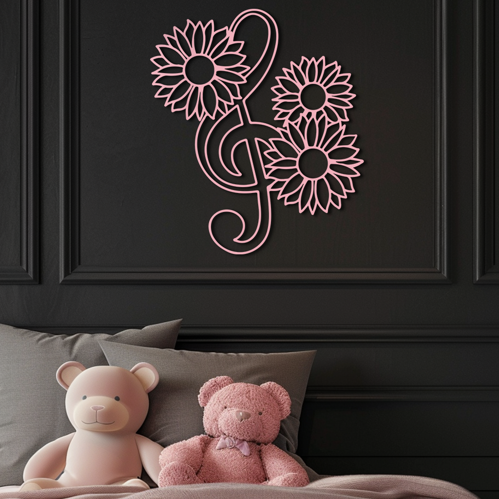 Pink Treble Clef with Sunflowers Metal Wall Art – Musical Floral Decor - KAFGP002