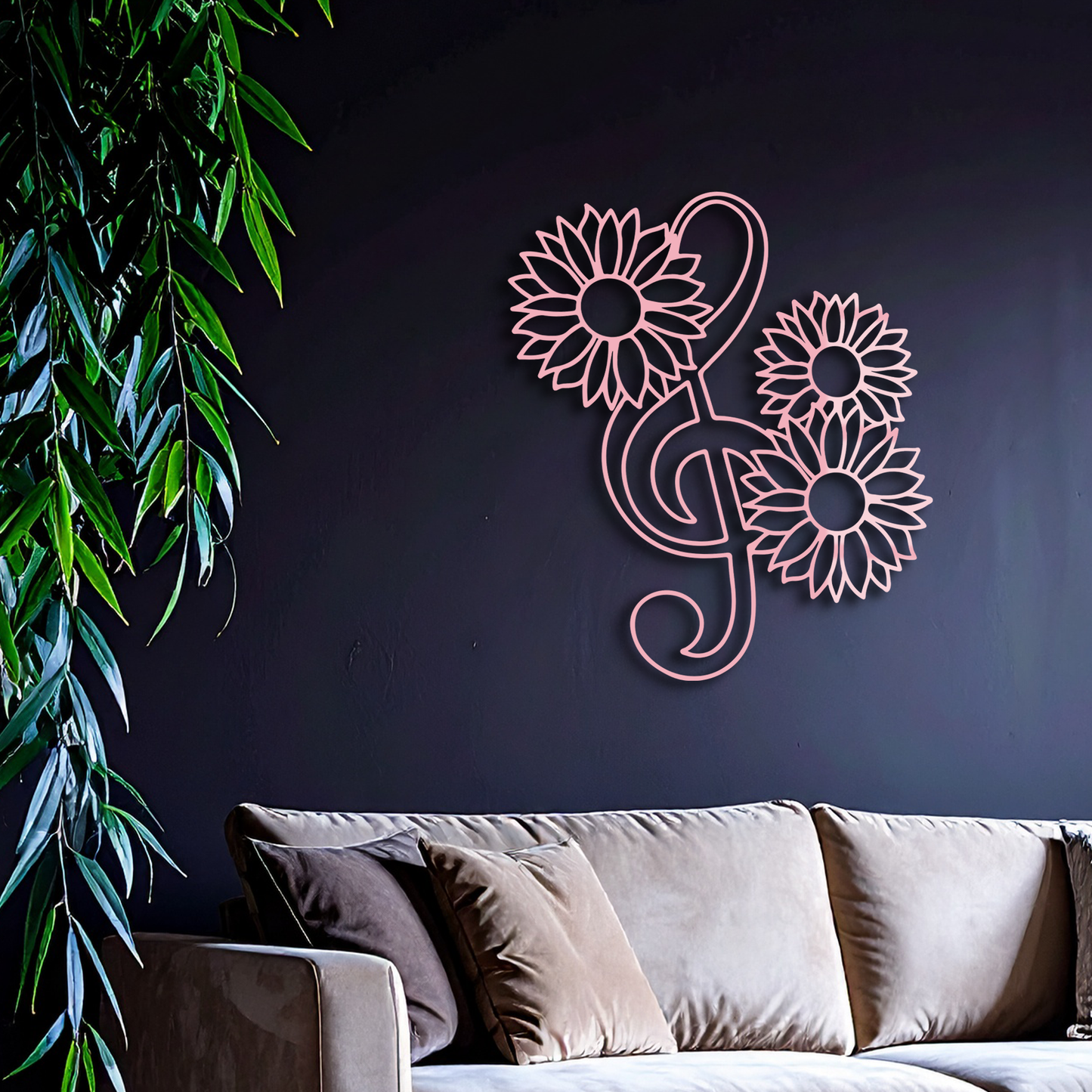 Pink Treble Clef with Sunflowers Metal Wall Art – Musical Floral Decor - KAFGP002