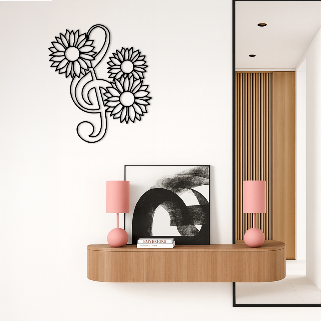 Pink Treble Clef with Sunflowers Metal Wall Art – Musical Floral Decor - KAFGP002