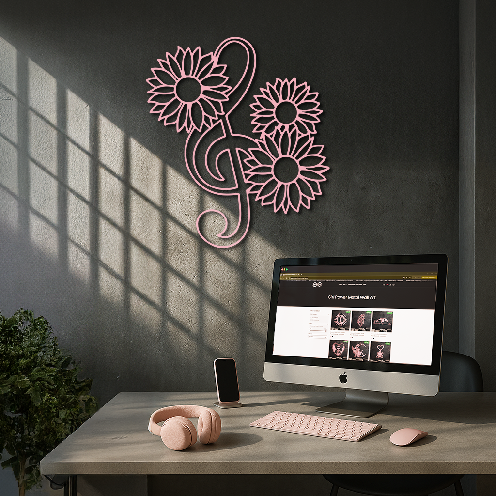 Pink Treble Clef with Sunflowers Metal Wall Art – Musical Floral Decor - KAFGP002