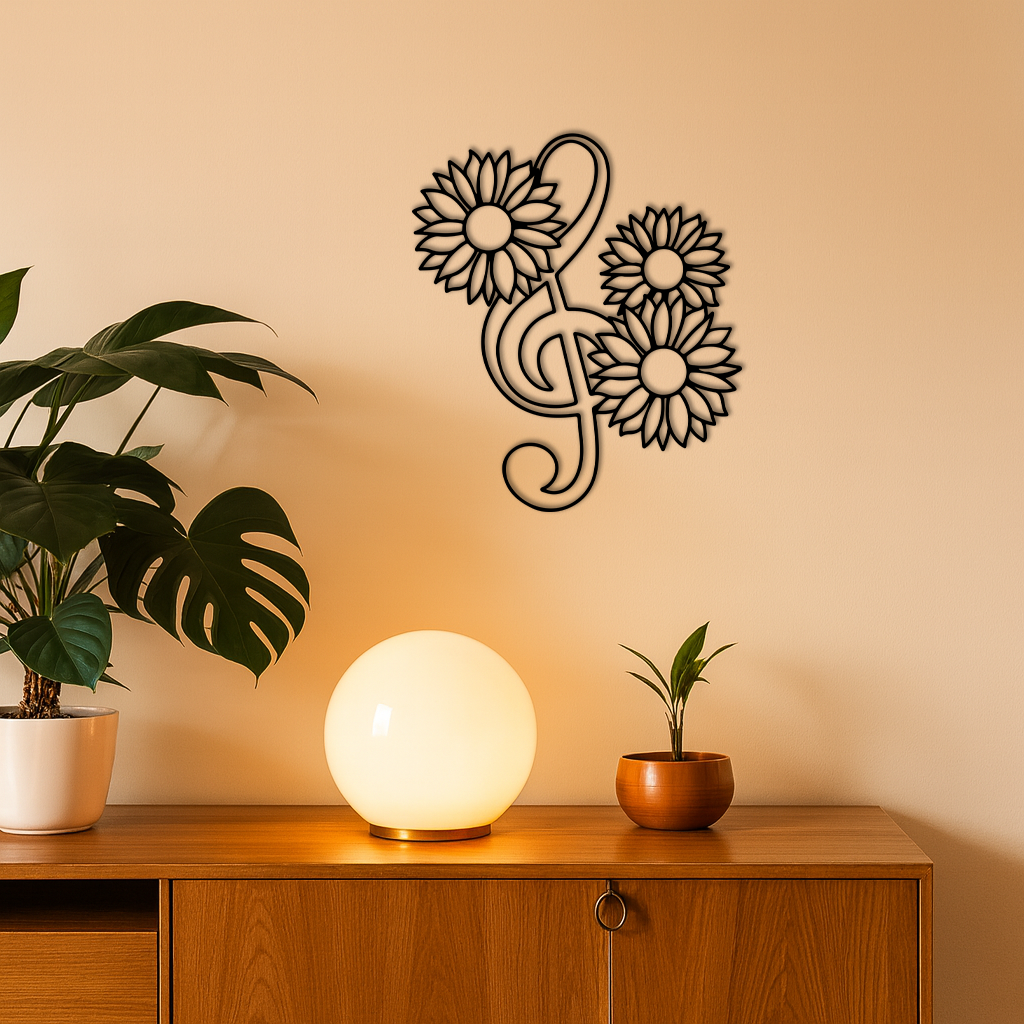 Pink Treble Clef with Sunflowers Metal Wall Art – Musical Floral Decor - KAFGP002
