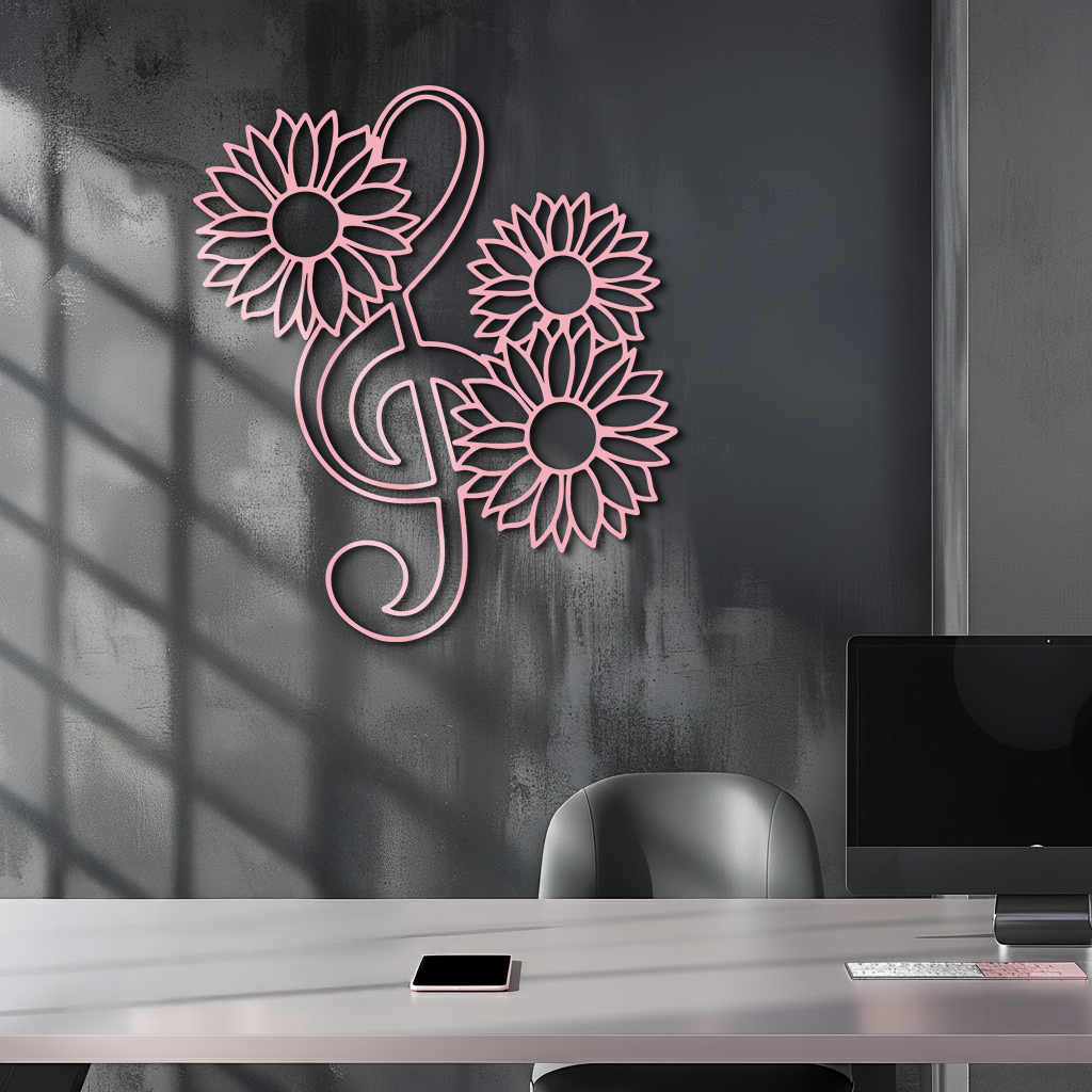 Pink Treble Clef with Sunflowers Metal Wall Art – Musical Floral Decor - KAFGP002