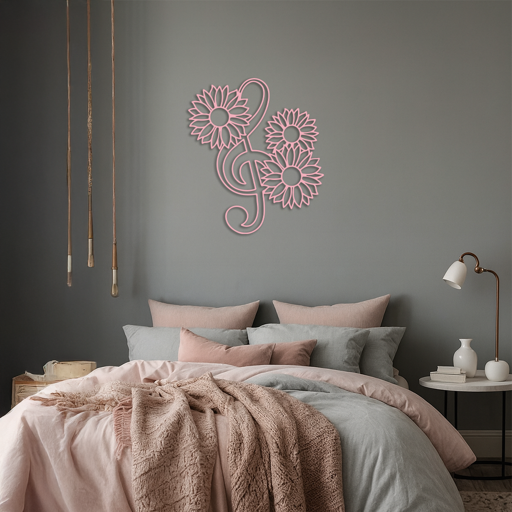 Pink Treble Clef with Sunflowers Metal Wall Art – Musical Floral Decor - KAFGP002