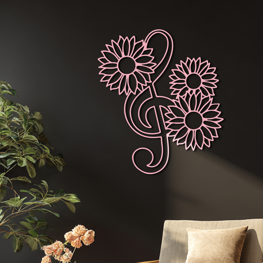 Pink Treble Clef with Sunflowers Metal Wall Art – Musical Floral Decor - KAFGP002