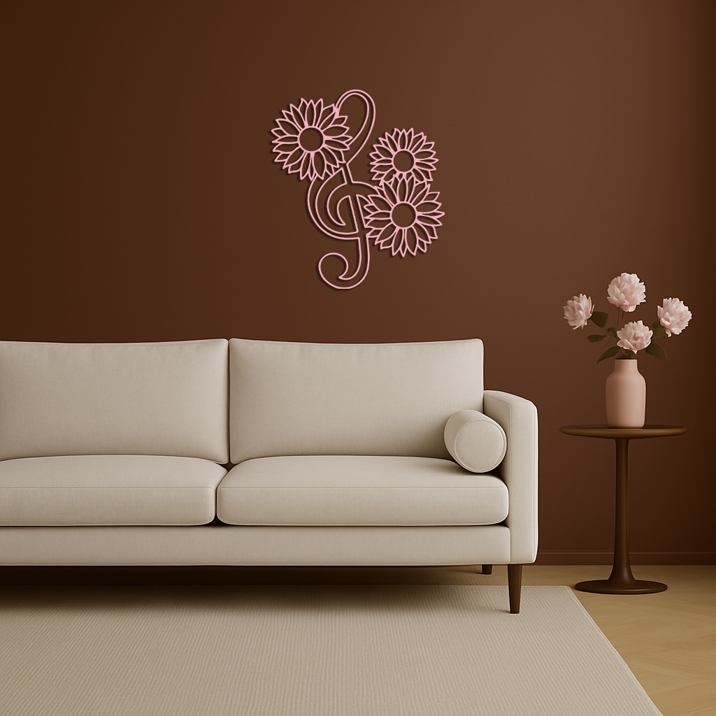 Pink Treble Clef with Sunflowers Metal Wall Art – Musical Floral Decor - KAFGP002