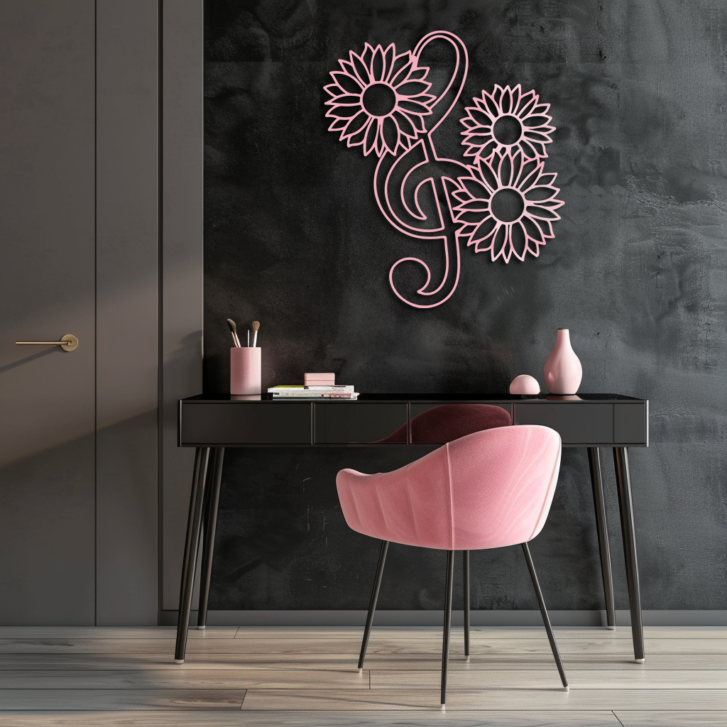 Pink Treble Clef with Sunflowers Metal Wall Art – Musical Floral Decor - KAFGP002