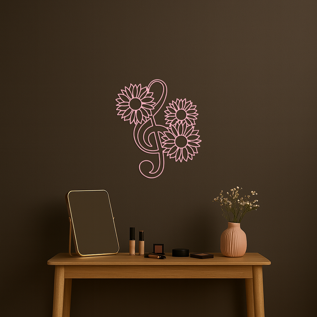 Pink Treble Clef with Sunflowers Metal Wall Art – Musical Floral Decor - KAFGP002