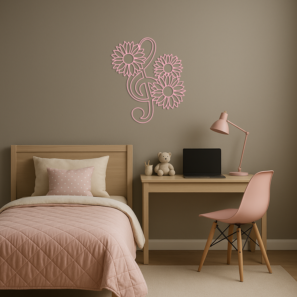 Pink Treble Clef with Sunflowers Metal Wall Art – Musical Floral Decor - KAFGP002