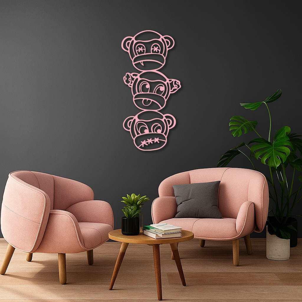Pink Three Monkeys Metal Wall Art – Playful See No Evil, Hear No Evil, Speak No Evil Design - KAFGP004