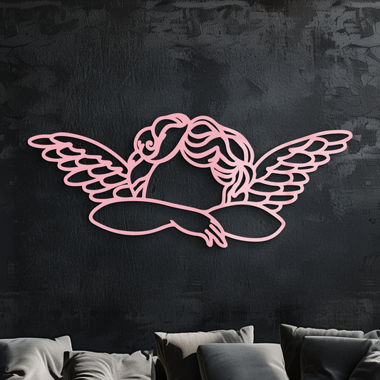 Pink Angel Silhouette Metal Wall Art – Elegant Guardian Wings Design - KAFGP005