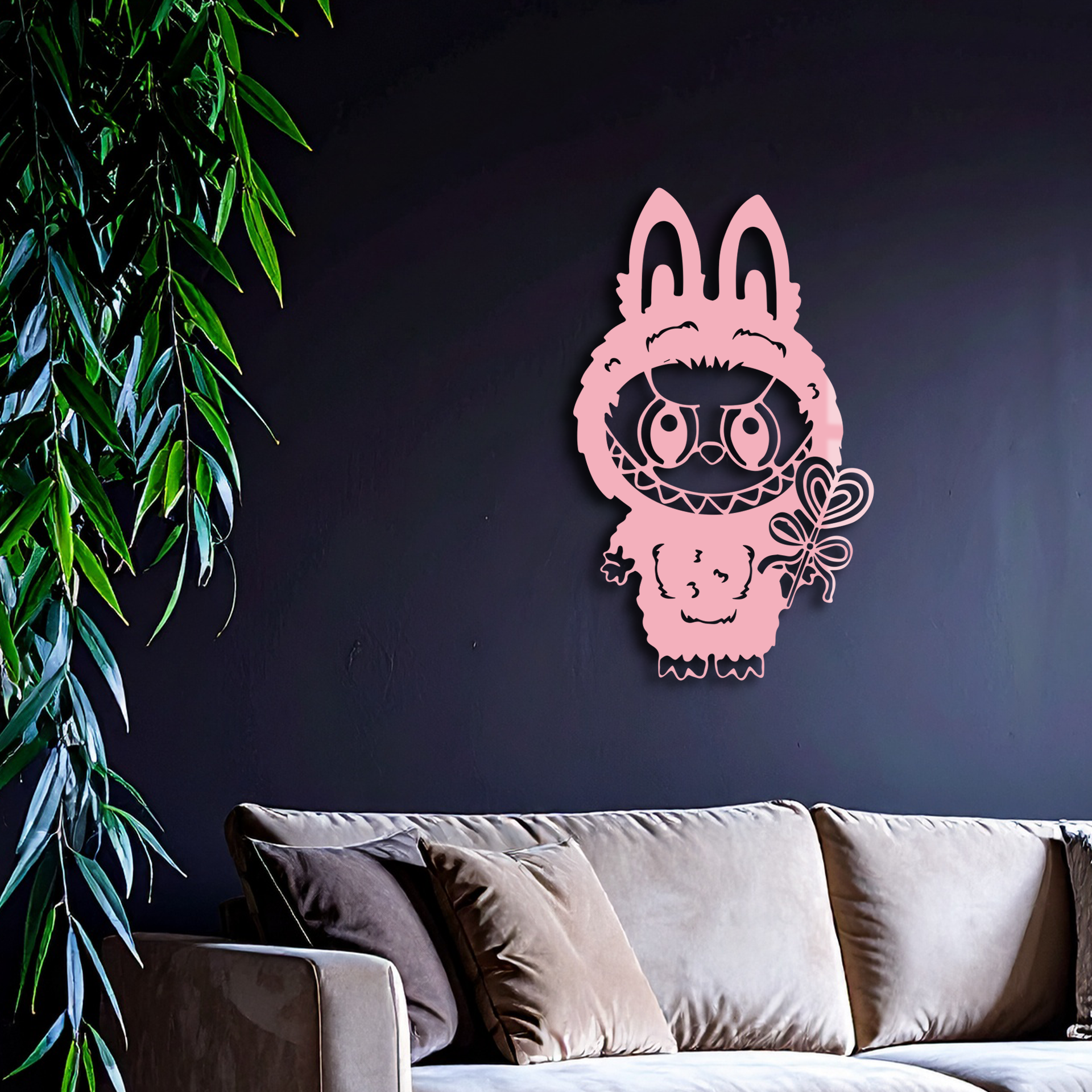 Pink Labubu Metal Wall Art – Playful Character Silhouette Decor - KAFGP008