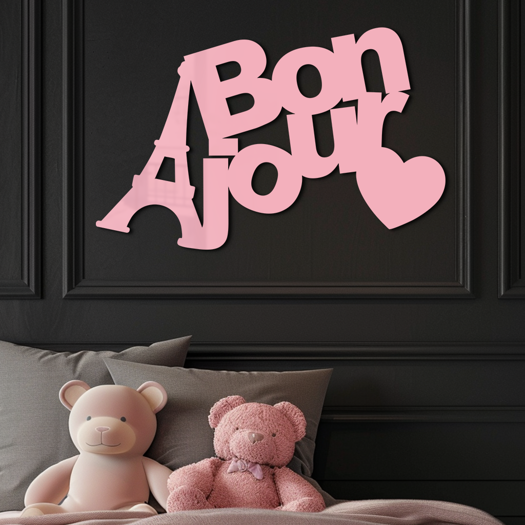 Pink Bonjour Eiffel Tower Metal Wall Art – Paris-Inspired Romantic Decor - KAFGP009