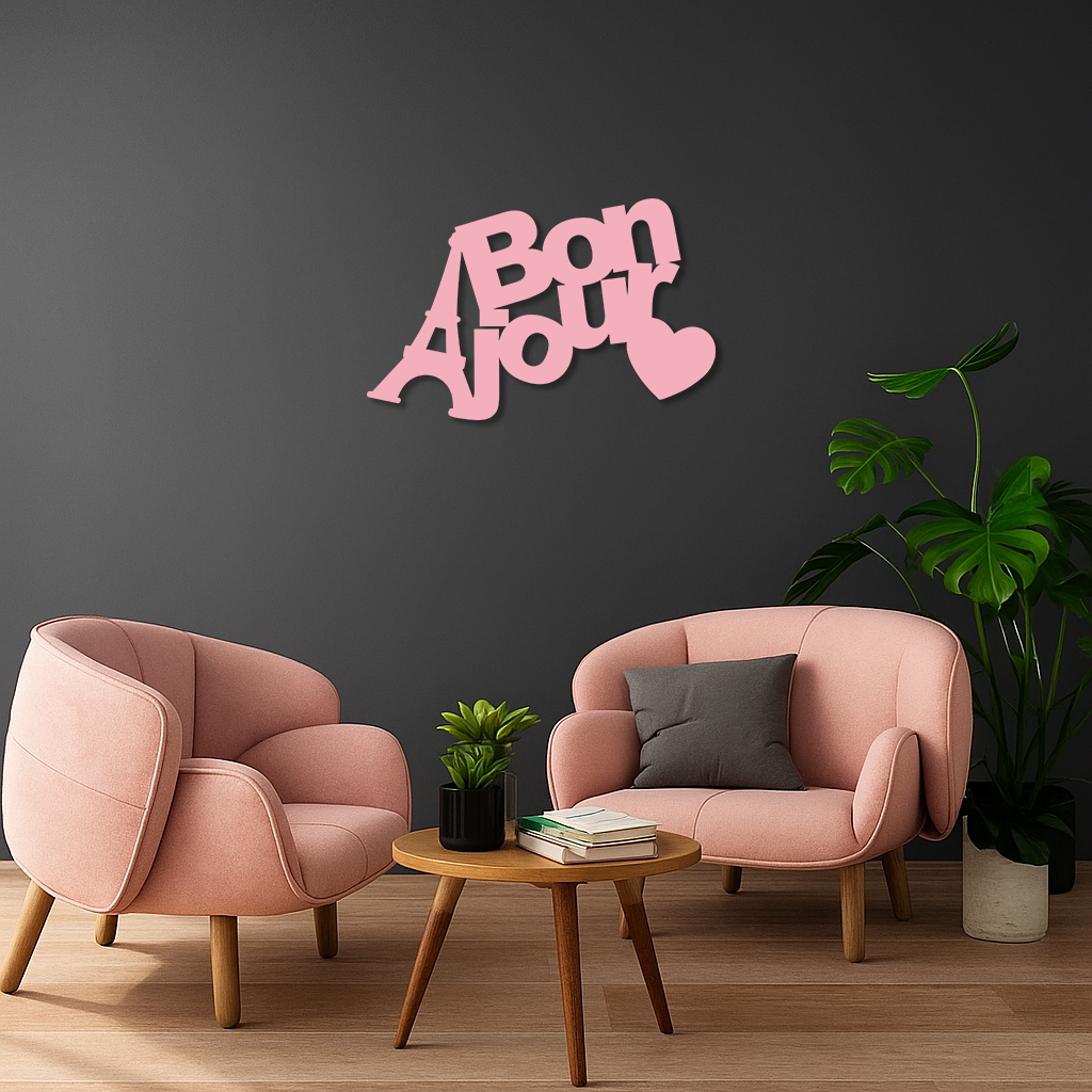 Pink Bonjour Eiffel Tower Metal Wall Art – Paris-Inspired Romantic Decor - KAFGP009