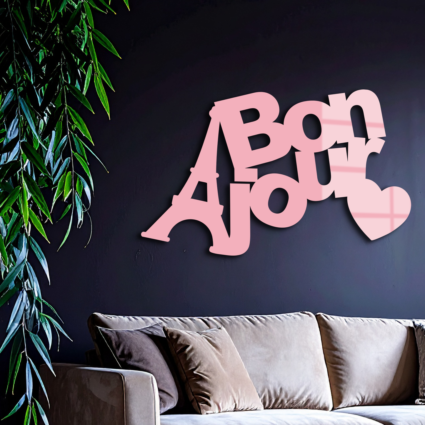 Pink Bonjour Eiffel Tower Metal Wall Art – Paris-Inspired Romantic Decor - KAFGP009