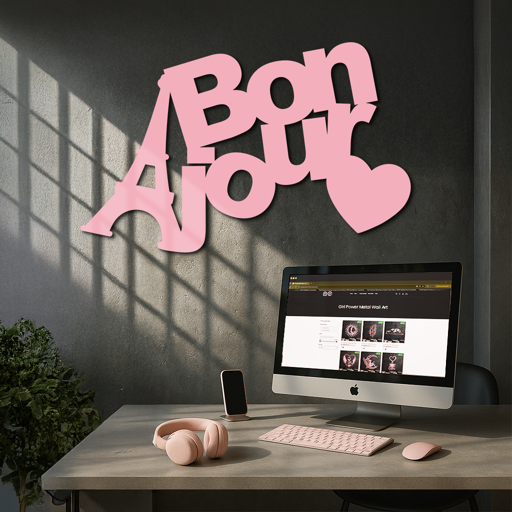 Pink Bonjour Eiffel Tower Metal Wall Art – Paris-Inspired Romantic Decor - KAFGP009