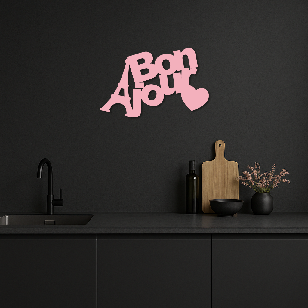 Pink Bonjour Eiffel Tower Metal Wall Art – Paris-Inspired Romantic Decor - KAFGP009