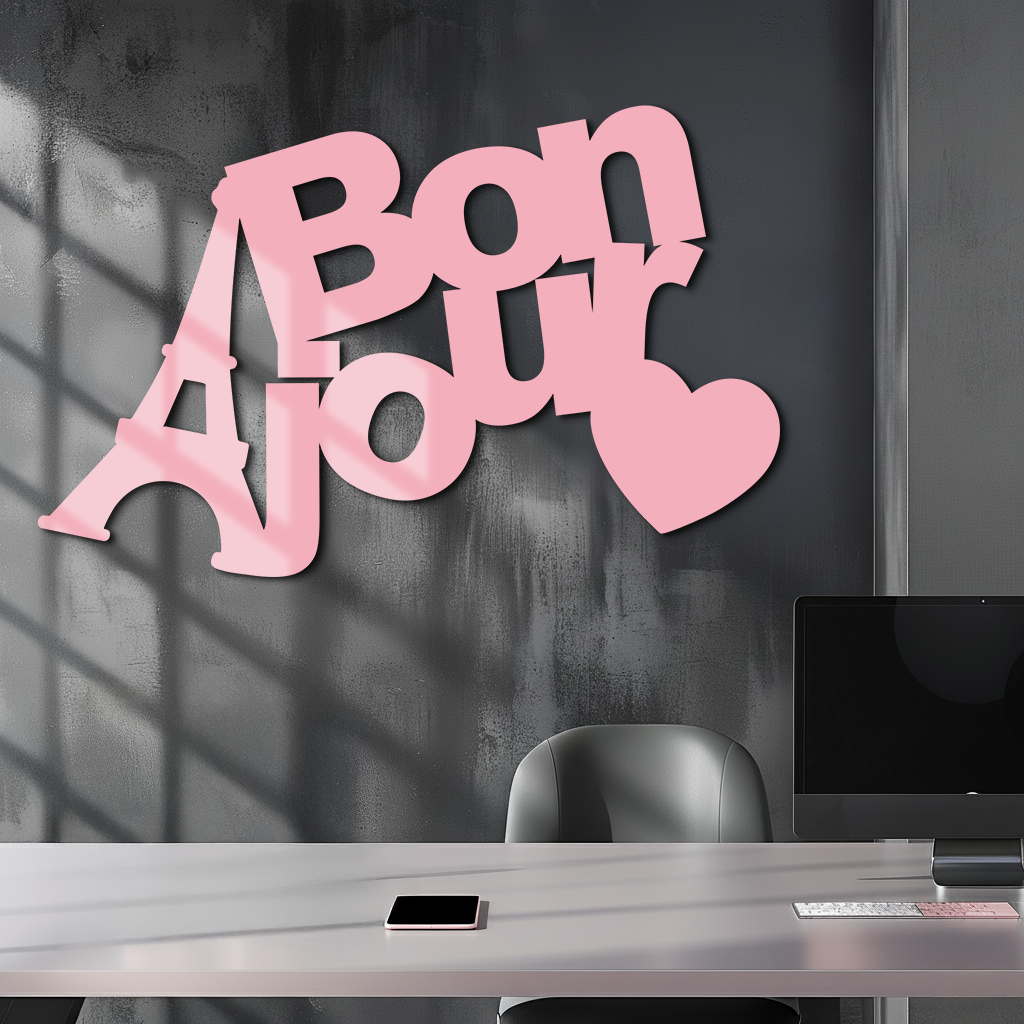 Pink Bonjour Eiffel Tower Metal Wall Art – Paris-Inspired Romantic Decor - KAFGP009