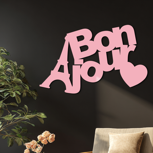 Pink Bonjour Eiffel Tower Metal Wall Art – Paris-Inspired Romantic Decor - KAFGP009