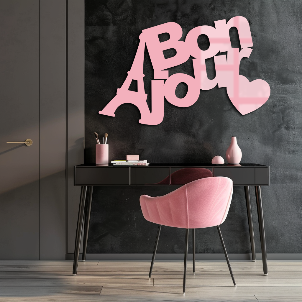 Pink Bonjour Eiffel Tower Metal Wall Art – Paris-Inspired Romantic Decor - KAFGP009