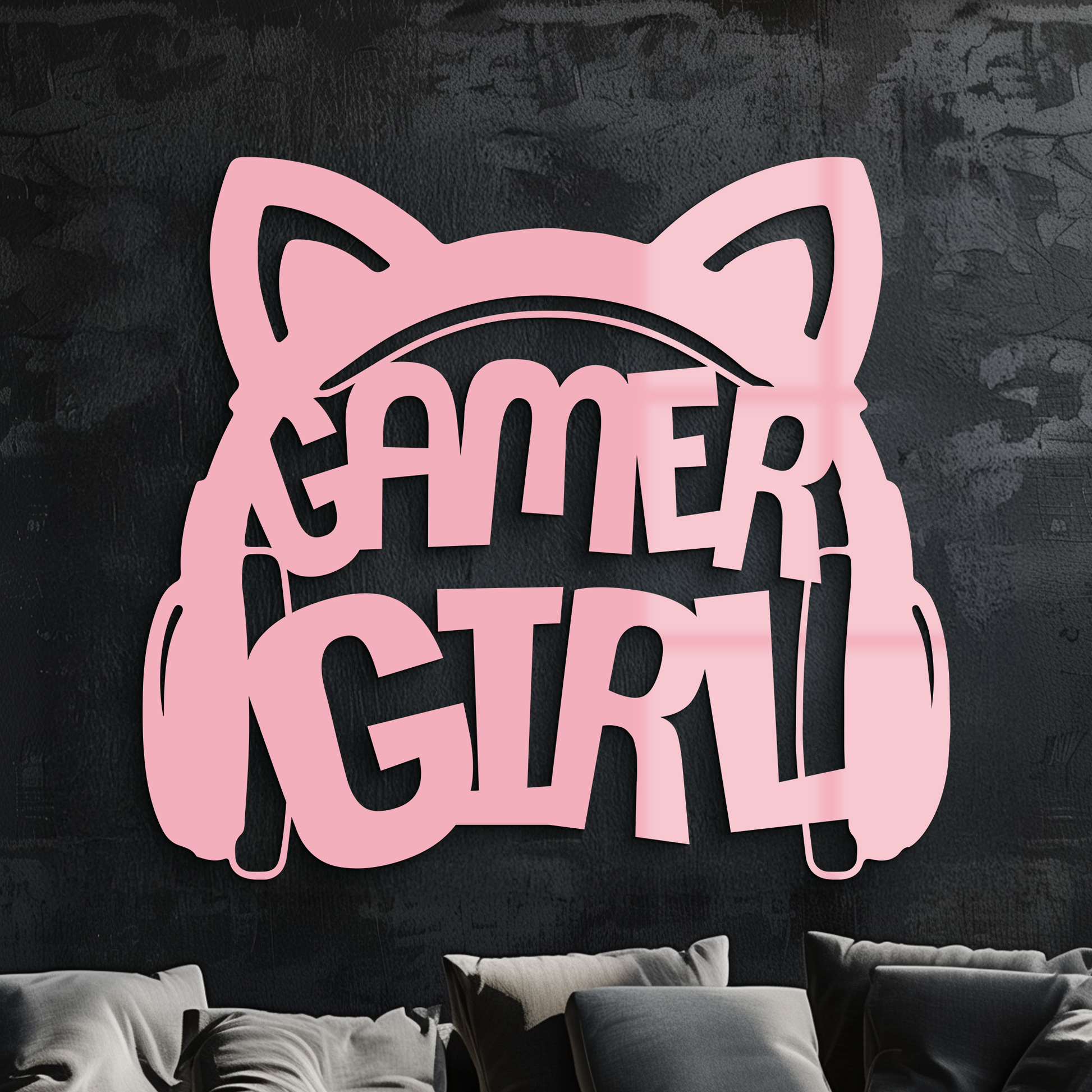 Pink Gamer Girl Metal Wall Art – Playful Gaming Headset Design - KAFGP010