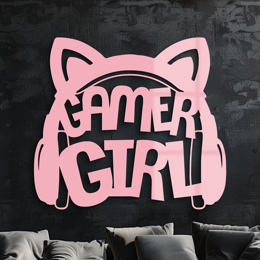 Pink Gamer Girl Metal Wall Art – Playful Gaming Headset Design - KAFGP010