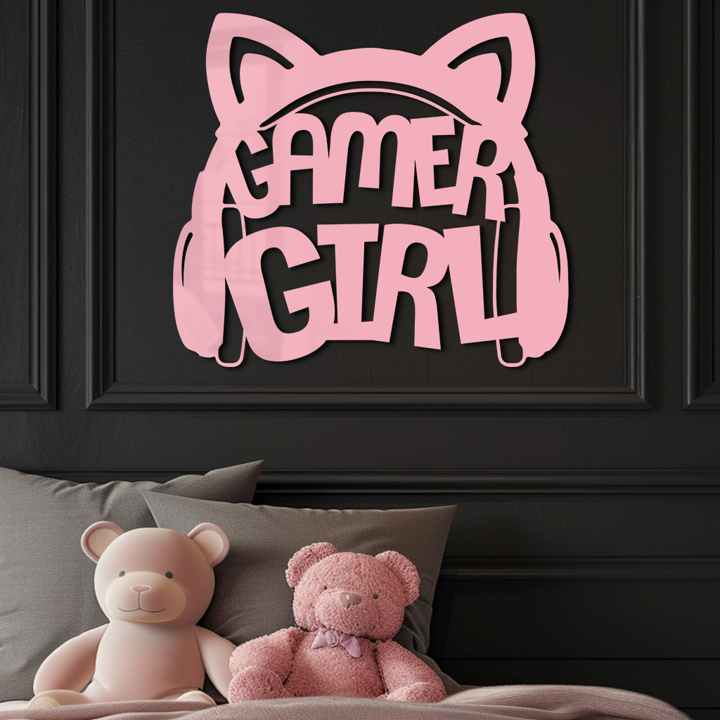 Pink Gamer Girl Metal Wall Art – Playful Gaming Headset Design - KAFGP010