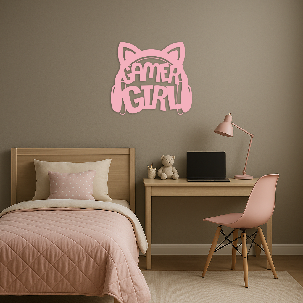 Pink Gamer Girl Metal Wall Art – Playful Gaming Headset Design - KAFGP010