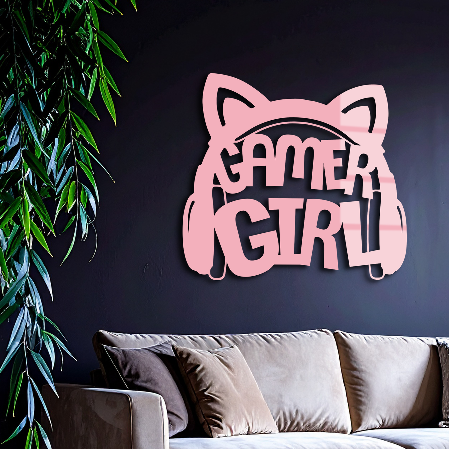 Pink Gamer Girl Metal Wall Art – Playful Gaming Headset Design - KAFGP010