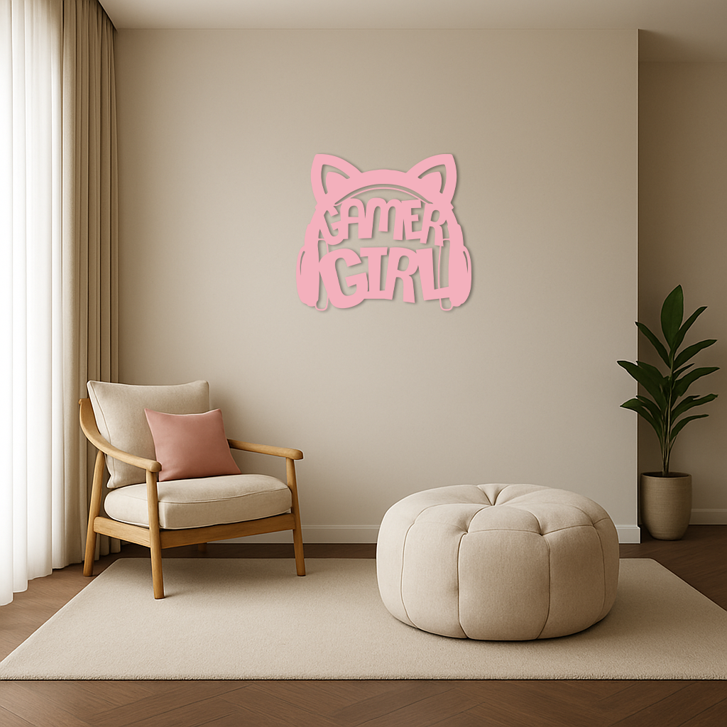 Pink Gamer Girl Metal Wall Art – Playful Gaming Headset Design - KAFGP010