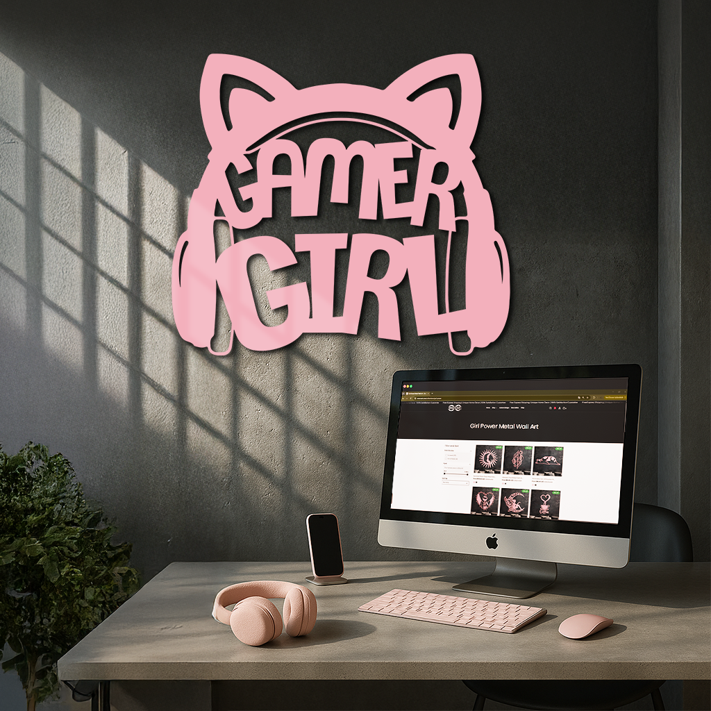 Pink Gamer Girl Metal Wall Art – Playful Gaming Headset Design - KAFGP010