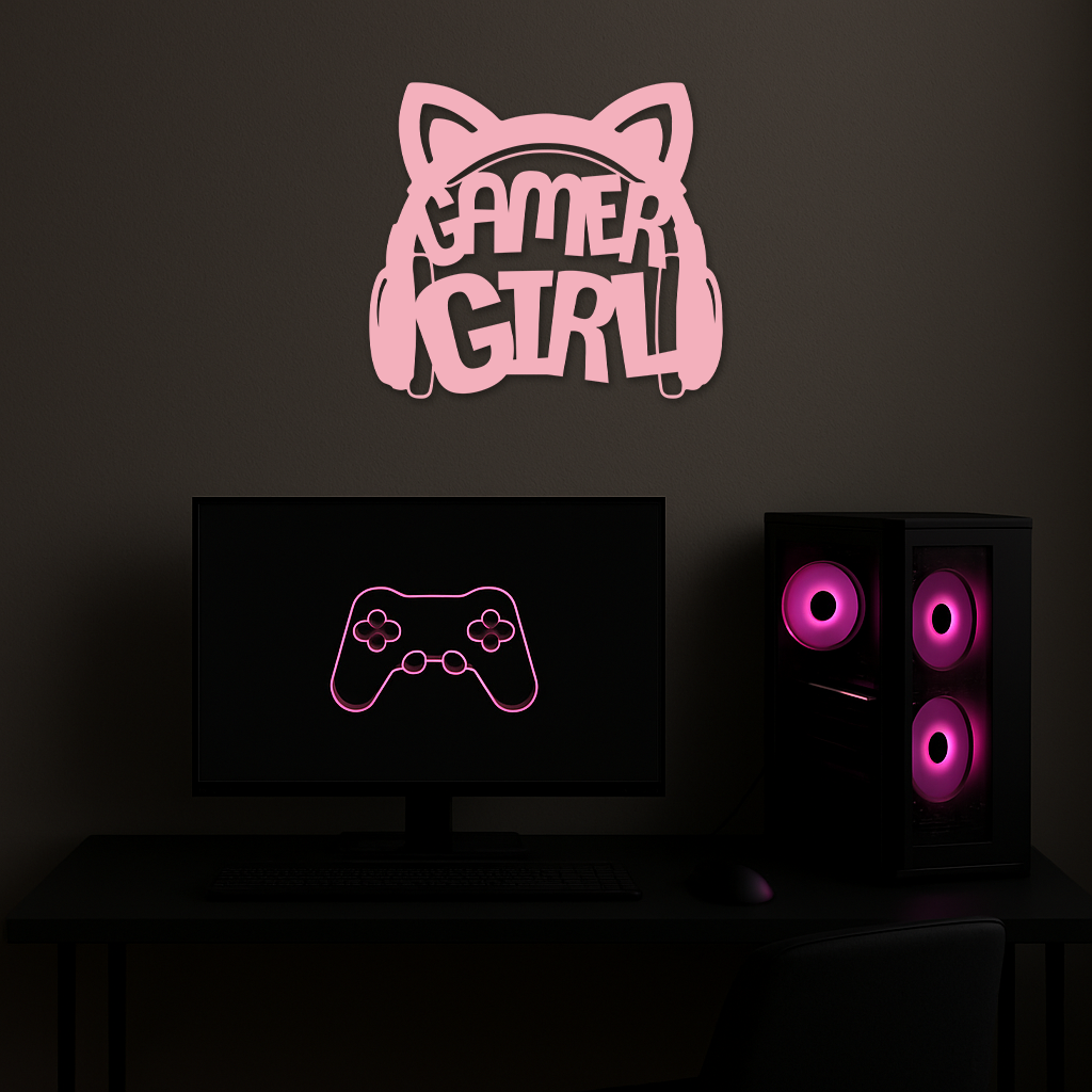 Pink Gamer Girl Metal Wall Art – Playful Gaming Headset Design - KAFGP010