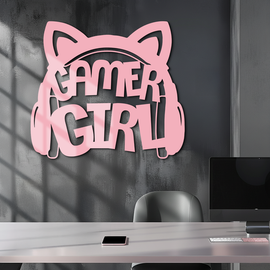 Pink Gamer Girl Metal Wall Art – Playful Gaming Headset Design - KAFGP010