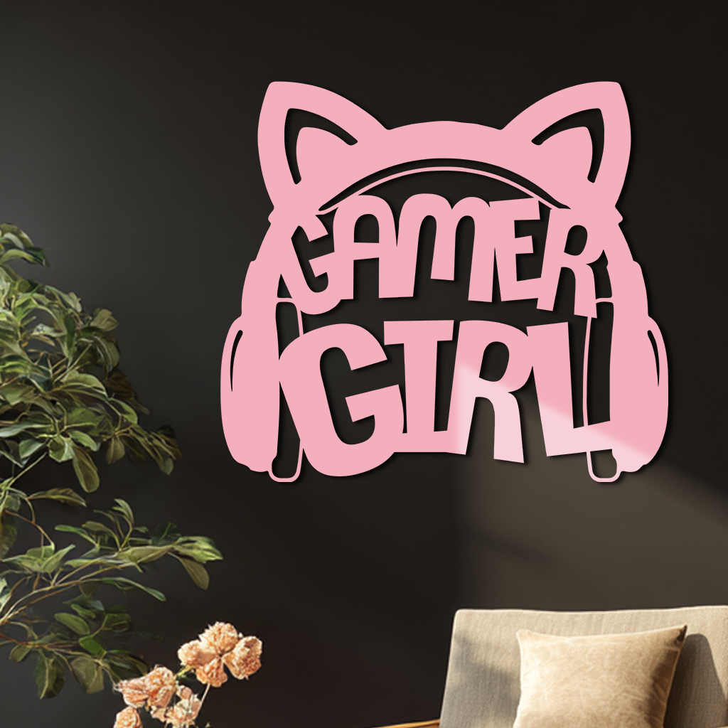 Pink Gamer Girl Metal Wall Art – Playful Gaming Headset Design - KAFGP010