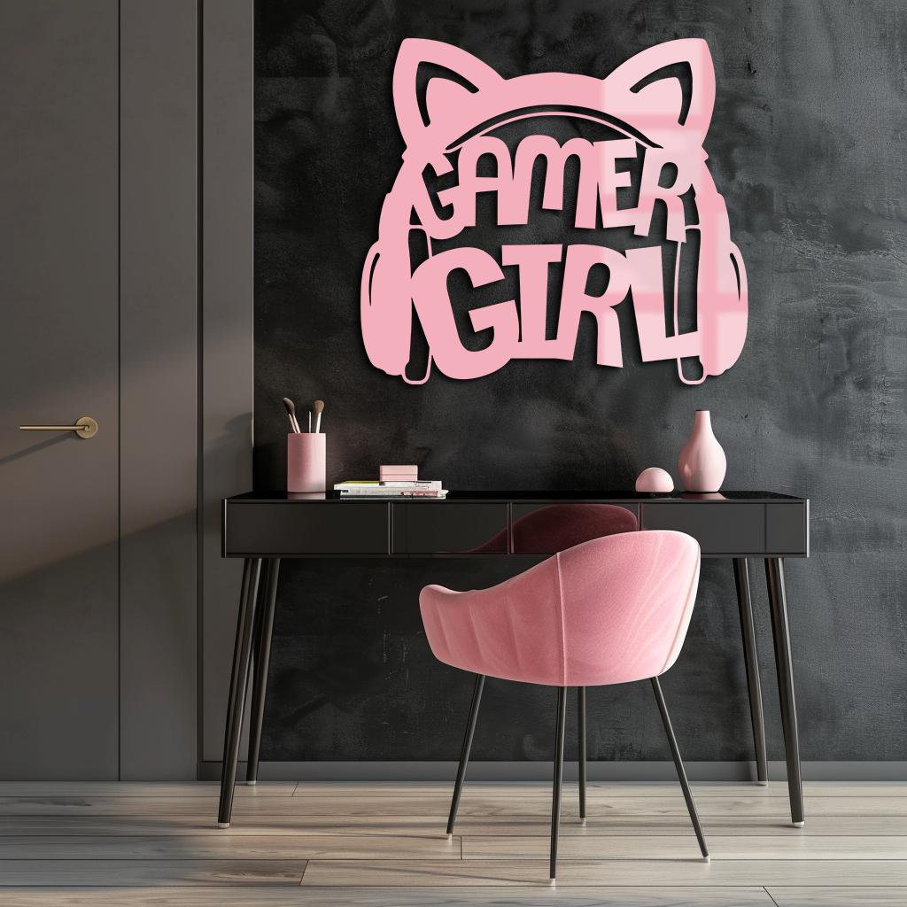 Pink Gamer Girl Metal Wall Art – Playful Gaming Headset Design - KAFGP010