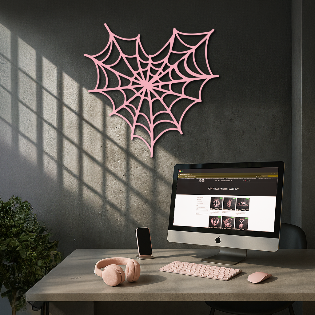 Pink Heart Spider Web Metal Wall Art – Gothic Romantic Decor - KAFGP018