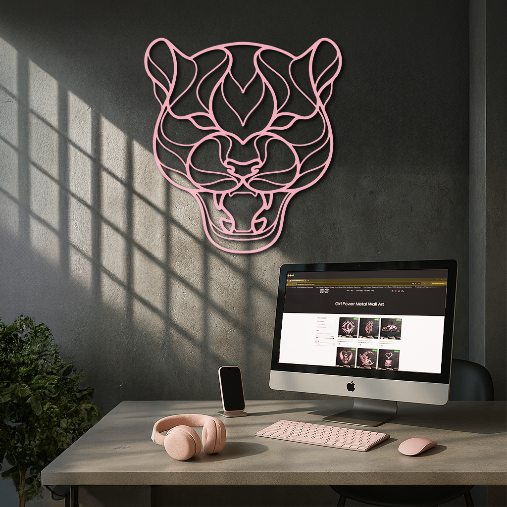 Pink Panther Head Metal Wall Art – Geometric Wild Cat Silhouette Decor - KAFGP019
